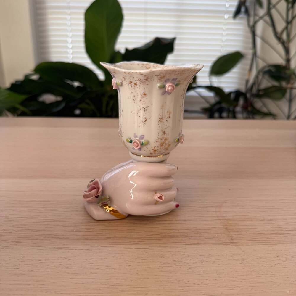 Vintage Bone China Hand-Shaped Nails Rose Ring Vase Floral Accents & Gold Detail